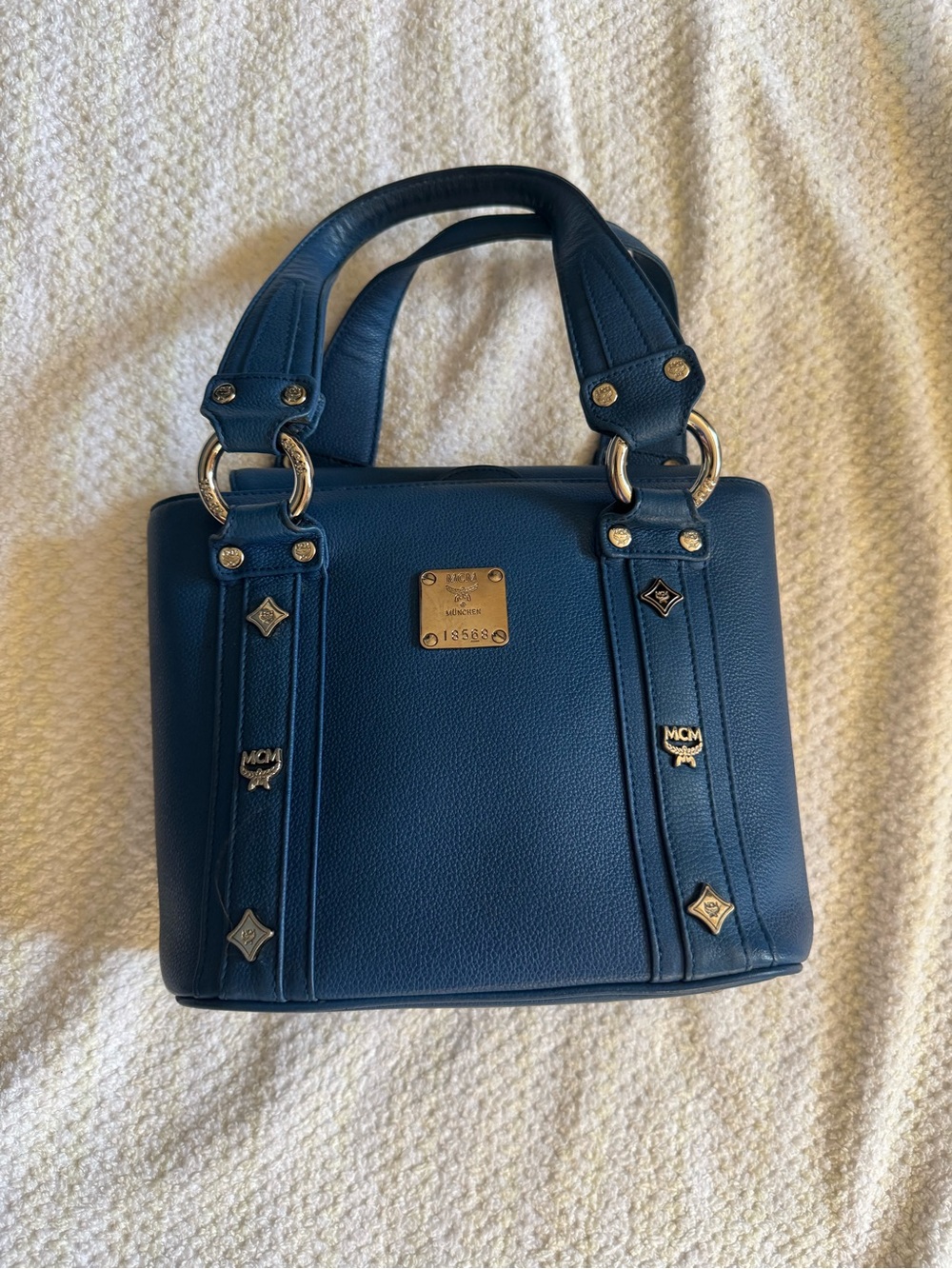 MCM Navy Blue Leather Top-Handle Satchel with Gold Hardware